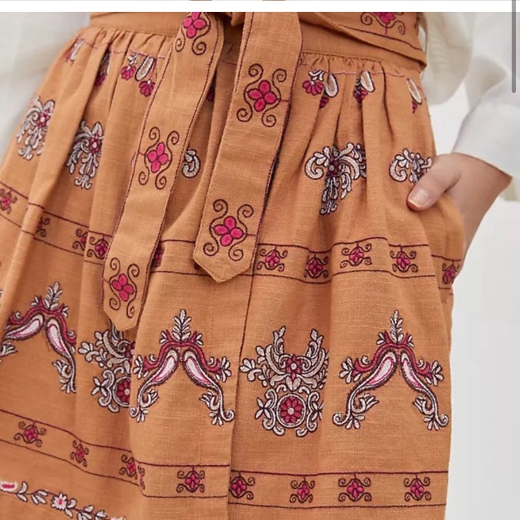 Anthropologie Rust Orange Embroidered Boho Skirt With Pink & White Accents